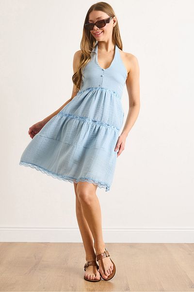 Olalook Γυναικείο Baby Blue Fishtail Lace Λεπτομερές φόρεμα μουσελίνας με γιακά ELB-19002431