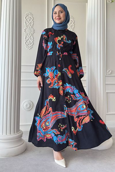 InStyle Abstract Transitional Gathered Black Shirt Dress
