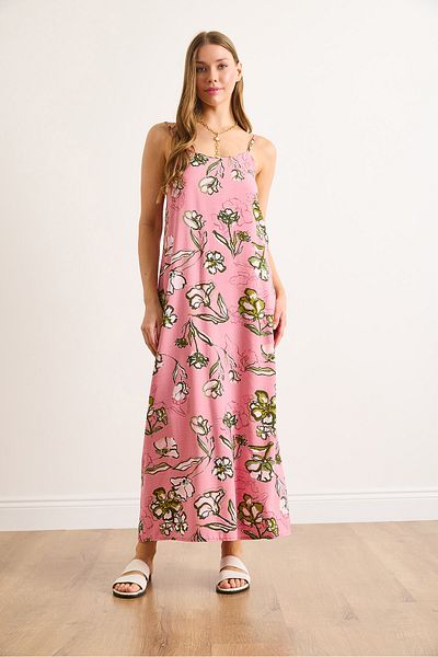 Olalook Γυναικείο ροζ λουράκι ρυθμιζόμενο Maxi Viscose φόρεμα ELB-19002471