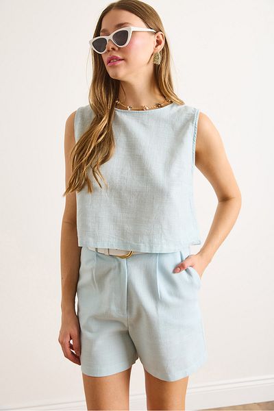 Olalook Γυναικεία Baby Blue Flam Λινό Crop Μπλούζα BLZ-19002925