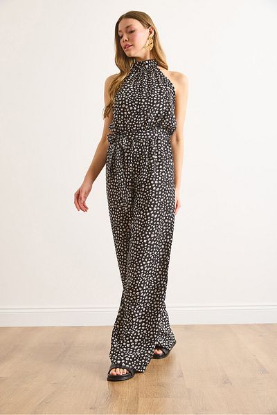 Olalook Γυναικεία Μαύρη Μαργαρίτα Halter γιακάς Ζώνη Πλεκτή Βισκόζη Ολόσωμη φόρμα TLM-19000164