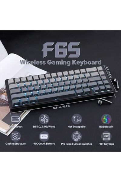Epomaker لوحة مفاتيح ميكانيكية لاسلكية x Aula F65 65%، مزودة بحشية قابلة للتبديل السريع، لوحة مفاتيح مخصصة للألعاب
