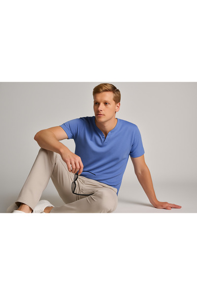 UOMOPARK 2124 Henley T-shirt Καφέ με λεπτομέρεια με κουμπιά Basic Casual T-shirt