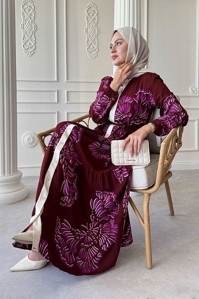 InStyle Wavy Leaf Pattern Purple Viscose Dress