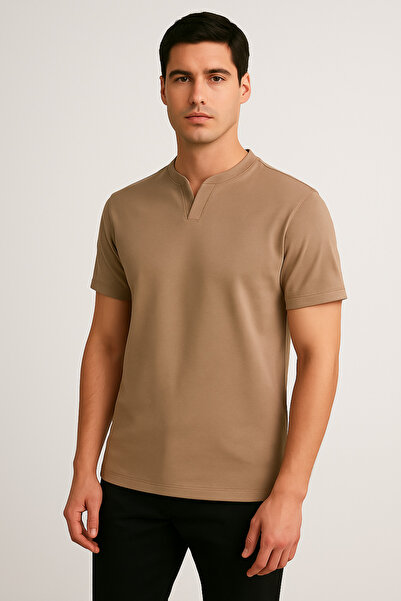 UOMOPARK 2124 Henley T-Shirt Brown Button Detailed Basic Casual t Shirt