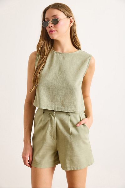 Olalook Γυναικεία Χακί Φλαμ Λινό Crop Μπλούζα BLZ-19002925