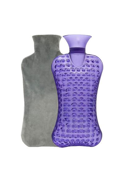 OEM 2-piece set of hot water bottle and cover, 37 x 17 cm, 2L, rubber, textile, purple, gray