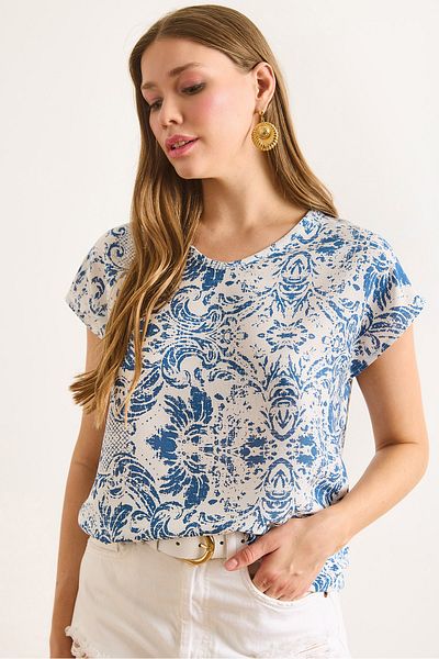 Olalook Γυναικεία Ethnic Navy Blue V λαιμόκοψη υφασμένη μπλούζα βισκόζης BLZ-19003048