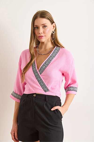 Olalook Women's Pink Guipure Striped Six-Tie Muslin Kimono Kmn-00000069