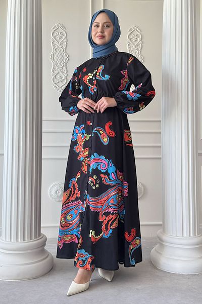 InStyle Abstract Transitional Gathered Black Shirt Dress
