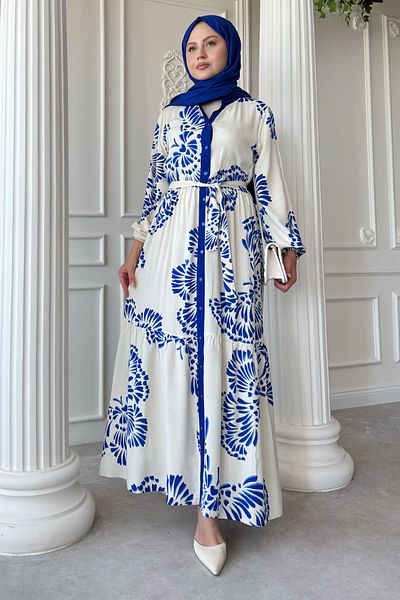 InStyle Wavy Leaf Pattern Blue Viscose Dress