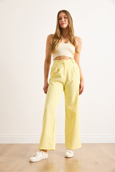 Olalook Women's Yellow Button Pleated Palazzo Double Trousers Pnt-19000355