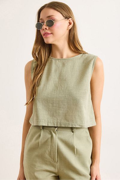 Olalook Γυναικεία Χακί Φλαμ Λινό Crop Μπλούζα BLZ-19002925