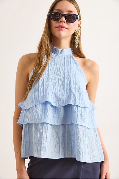 Olalook Γυναικεία μπλούζα με γιακά μπλε Halter BLZ-19003040