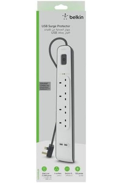 Belkin 4 Way/4 Plug Surge Protection Strip With 2 Meters Cord Length - Heavy Duty Electrical Extensi