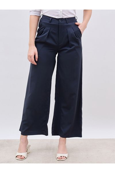 Styli Solid Pleated Tailored Flare Pants with Belt Loops