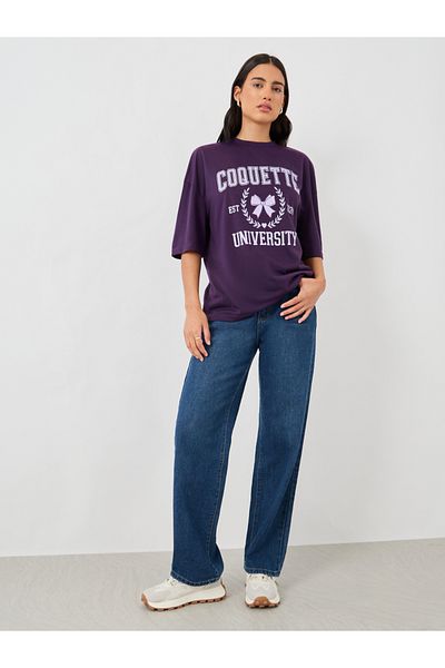 Styli Slogan Print Round Neck Oversized T-Shirt