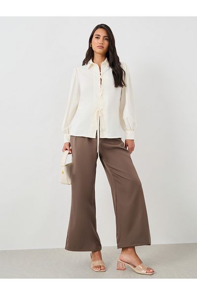 Styli Solid Balloon Sleeve Front Tie-Up Detail Shirt