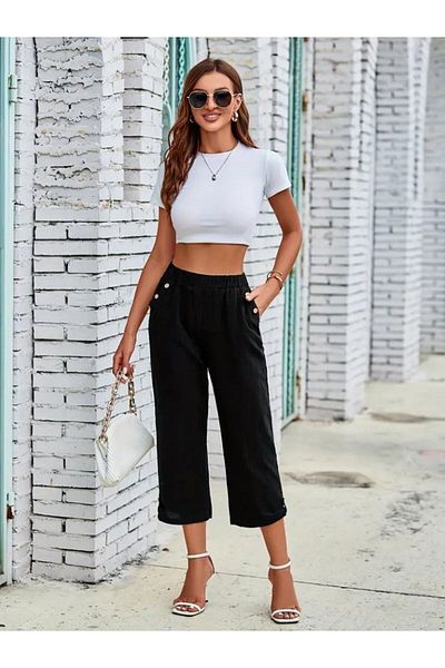 COTTONLAB Women's Elastic Waist Button and Pocket Detailed Capri Imported Linen Trousers