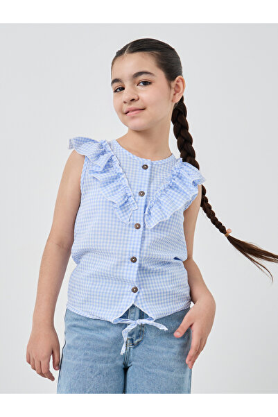 Styli Girls Checked Tie Front Ruffled Shirt