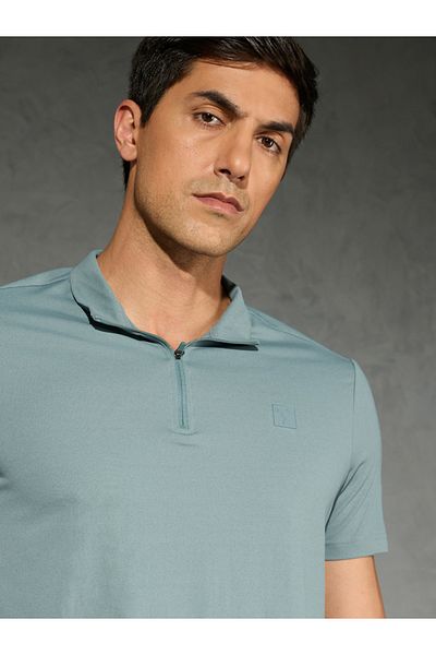 Technosport By Styli Solid 4-Way Stretch Half Zip Front Slim Fit Polo T-Shirt