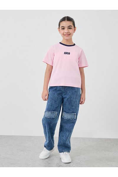 Styli Girls Acid Washed Elasticated Waistband Jeans with Knee Patch