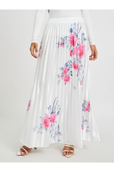 Styli Floral Print Pleated A-Line Maxi Skirt