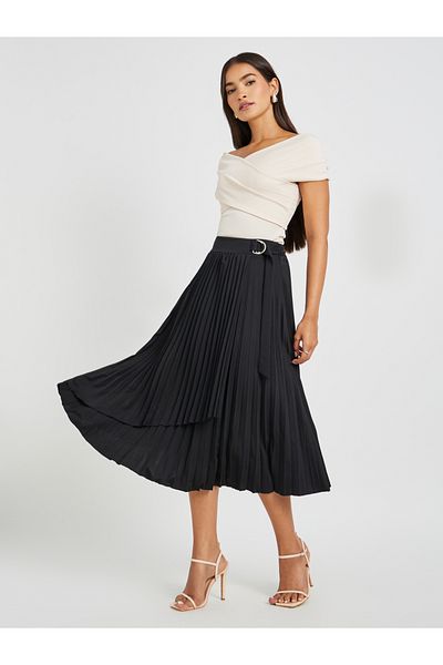 Styli Pleated Wrap Belted A-Line Midi Skirt