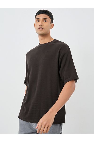 Styli Waffle Knit Oversized T-Shirt with Turn-Up Sleeves
