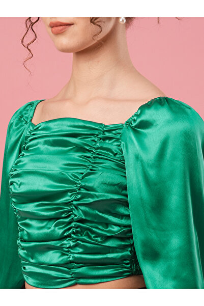 Globus By Styli Solid Satin Ruched Detail Puff Sleeve Crop Top