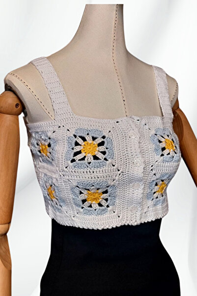 Uretti - Star 7202 3650 Hand Knitted Summer White Women's Bustier / Crop Blouse - 36/38/40 - Light Blue