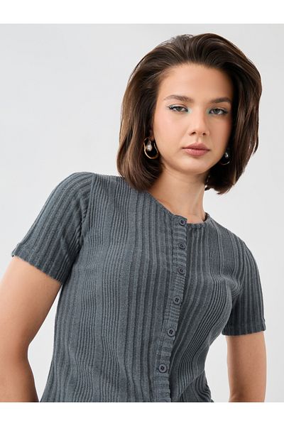 Styli Textured Striped Knitted Buttoned Top