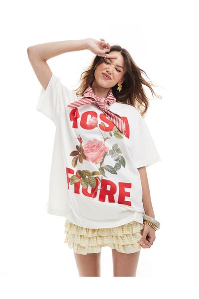 The Champ Clothing Tricou de vară alb oversize Rosa Fiore cu model de trandafiri pentru femei