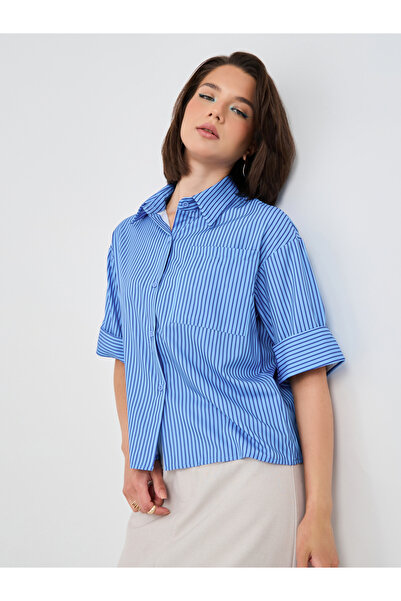 Styli قميص مخطط بأكمام قصيرة وياقة واسعة