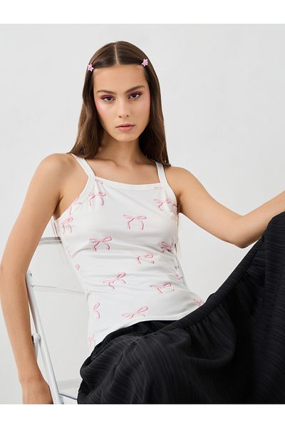 Styli Bow Print Square Neck Strappy Cami Top