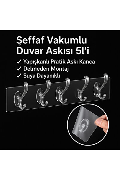 ÇELİKONLİNE Şeffaf Vakumlu Duvar Askısı 5’li – Yapışkanlı Pratik Askı Kanca – Delmeden Montaj, Suya Dayanıklı