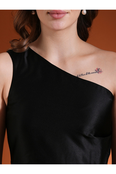 Globus By Styli Women Black Solid One Shoulder Satin Peplum Top with Gathered Overlay