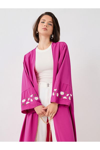 Styli Embroidered Long Sleeve Detail Solid Kimono