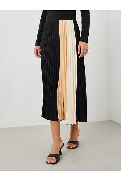 Styli Color Block Pleated A-Line Midi Skirt