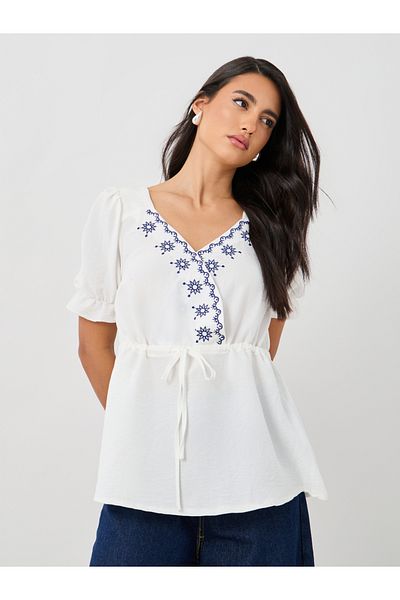 Styli Embroidered V-Neck Puff Sleeve Peplum Blouse