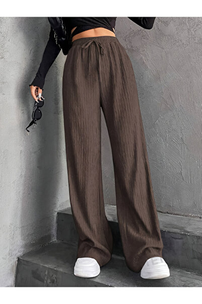 Take Two By Styli Women Brown Textured Drawstring Waist Wide Leg Pants
