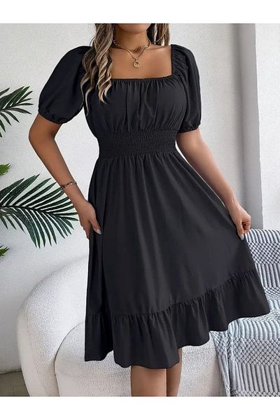 Kokosh moda Γυναικείο κοντομάνικο τετράγωνο γιακά κοντό φόρεμα με ελαστική μέση