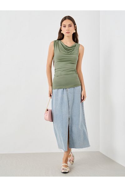 Styli Solid Sleeveless Cowl Neck Fitted Top