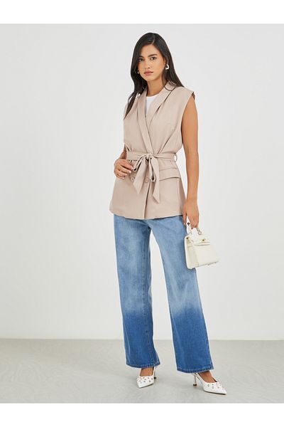 Styli Solid Regular Length Regular Fit Sleeveless Belted Blazer
