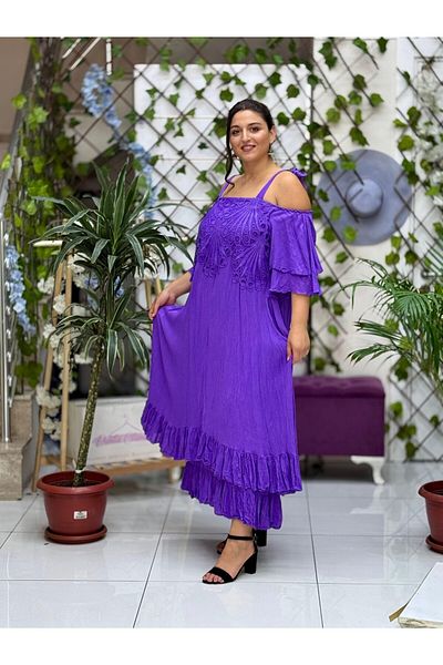 Punta Otantik Vl1900 Lace Voile Dress with Rope Strap Front Back Purple