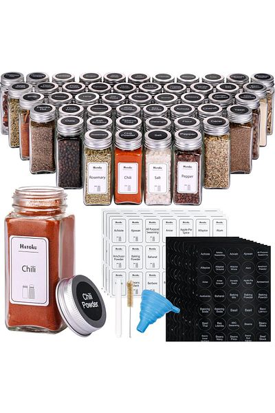 Saharaz 24 Glass Spice Jars with w/3 Types of Labels,White Paint Pen & Silicone Collapsible Funnel Included