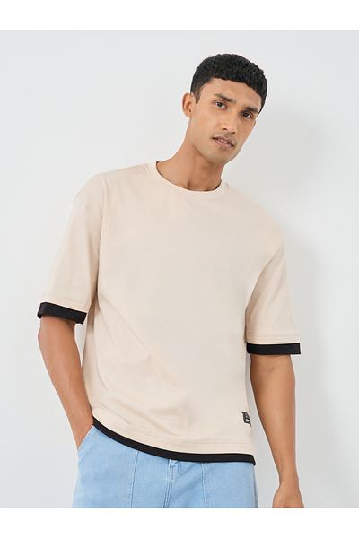 Styli Contrast Trim Pure Cotton Oversized T-Shirt with Badge Detail