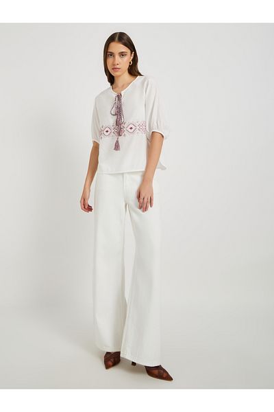 Styli Embroidered Puff Sleeve Top with Tie-Up Neck