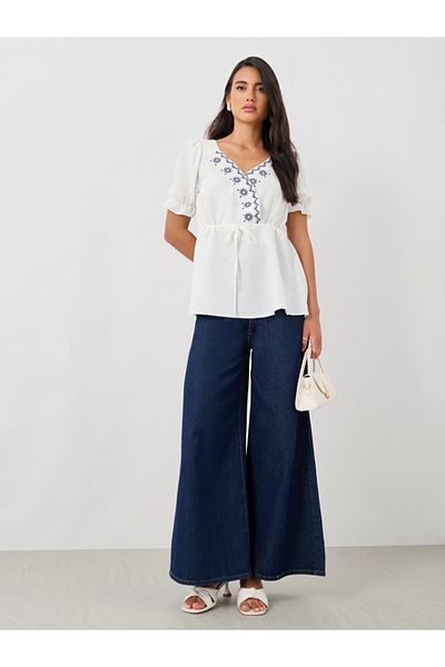 Styli Embroidered V-Neck Puff Sleeve Peplum Blouse