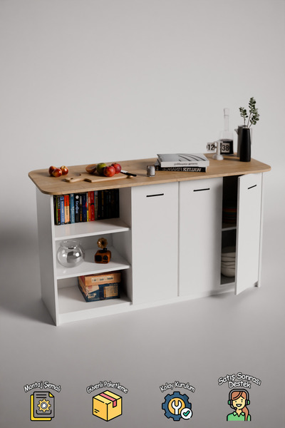 Mionte Flat-Pack Calm Mutfak Adası 160 cm Bar Yemek Masası - Çok Amaçlı Dolap , Mutfak Dolabı